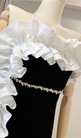RUFFLE STRAPLESS BANDAGE MINI DRESS IN BLACK styleofcb