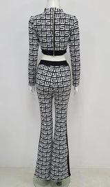 MONOGRAM PRINTED SHOULDER PAD SUIT IN WHITE AND BLACK styleofcb