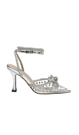 BOW EMBELLISHED HEELS IN SLIVER Shoes styleofcb