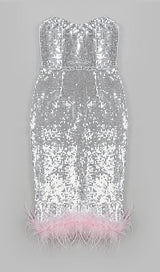 STRAPLESS SEQUIN FEATHER MIDI DRESS IN SILVER Dresses styleofcb
