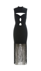 SLEEVELESS HOLLOWED OUT FRINGE DRESS IN BLACK styleofcb