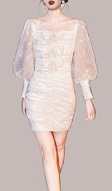 BOW STREAMER MESH PLEATED DRESS IN BEIGE styleofcb