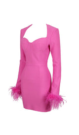 STRETCH LONG SLEEVES MINI DRESS IN HYPER PINK styleofcb