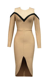 TULLE V-NECK SLIT DRESS IN CAMEL styleofcb