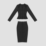 V-NECK METAL BUTTON DECORATIVE SLIM FIT SKIRT IN BLACK styleofcb