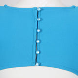 SHOULEDR PAD WAIST BARING FEATHER BLOUSE PLEATED DRESS IN BLUE styleofcb