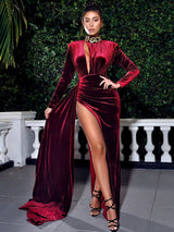Zenaida Burgundy Cutout High Slit Velvet Gown Dresses Oh CiCi