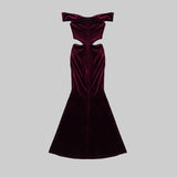 OFF SHOULDER WAIST HOLLOW VELVET MAXI DRESS IN BURGUNDY styleofcb