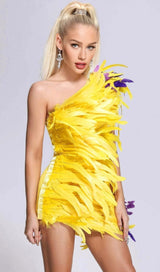 ASYMMETRIC FEATHER MINI DRESS IN YELLOW styleofcb