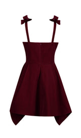 BOW SHOULDER STRAP VELVET SUSPENDER DRESS IN BURGUNDY styleofcb
