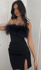STRAPLESS FEATHER MINI DRESS IN BLACK styleofcb