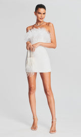 SEQUIN FEATHER STRAPLESS MINI DRESS IN WHITE styleofcb