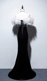 ELEGANT FEATHER OFF SHOULDER FISHTAIL MAXI DRESS IN BLACK styleofcb