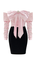 SPLICING ONE LINE SHOULDER LARGE BOW DRESS IN BLACK AND PINK styleofcb
