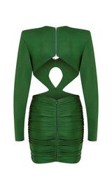 SATIN HEAVYWEIGHT CUT-OUT VINTAGE MINI DRESS IN DARK GREEN styleofcb