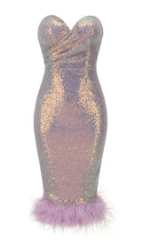 FEATHER SEQUIN MIDI DRESS IN PURPLE Dresses styleofcb