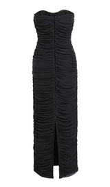 RUCHED STRAPLESS MIDI DRESS IN BLACK styleofcb