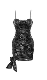 RUCHED HIGH-SHINE MINI DRESS IN BLACK styleofcb