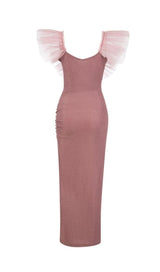 V-NECK LOTUS LEAF YARN EDGE SLIM SLIT DRESS IN PINK styleofcb