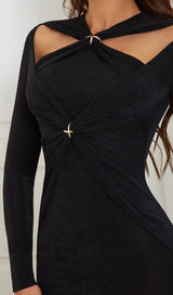 BLACK LEAKY SHOULDER CROSS-LACE-UP SLIM-FIT DRESS styleofcb