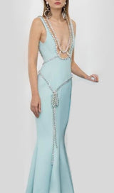BANDAGE FISHTAIL SLEEVELESS HIGH WAIST MAXI DRESS IN AQUAMARINE styleofcb