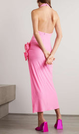 HALTERNECK DRAPED APPLIQUÉD STRETCH-JERSEY MIDI DRESS styleofcb