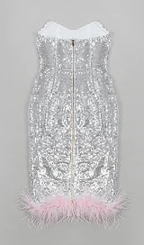STRAPLESS SEQUIN FEATHER MIDI DRESS IN SILVER Dresses styleofcb