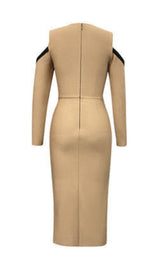 TULLE V-NECK SLIT DRESS IN CAMEL styleofcb