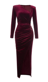 LONG SLEEVES RUCHED MIDI DRESS IN RED Dresses styleofcb
