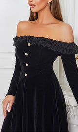 VELVET LACE ONE PIECE NECKLINE VINTAGE MIDI DRESS IN BLACK styleofcb