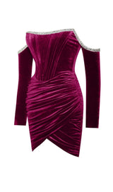ODETTE BURGUNDY VELVET OFF SHOULDER CORSET DRESS WITH CRYSTAL TRIM styleofcb