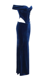 OFF SHOULDER WAIST HOLLOW VELVET MAXI DRESS IN BLUE styleofcb