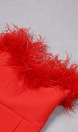 STRETCH STRAPLESS FEATHER TRIMMED GOWN IN RED styleofcb
