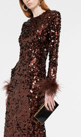 SEQUIN FEATHER LONG SLEEVES MIDI DRESS styleofcb