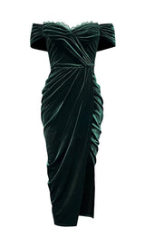 VELVET ONE-LINE SHOULDER HIGH SLIT DRESS IN DARK GREEN styleofcb