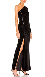 VELVET DIAMOND ONE SHOULDER SPLIT MAXI DRESS IN BLACK styleofcb