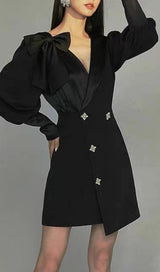 DIAMOND-BUTTON BOW LATERN SLEEVE IRREGULAR SUIT DRESS IN BLACK styleofcb