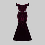 OFF SHOULDER WAIST HOLLOW VELVET MAXI DRESS IN BURGUNDY styleofcb
