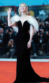 ELEGANT FEATHER OFF SHOULDER FISHTAIL MAXI DRESS IN BLACK styleofcb