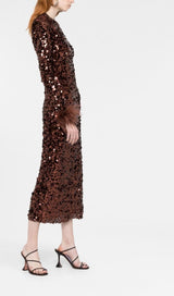 SEQUIN FEATHER LONG SLEEVES MIDI DRESS styleofcb