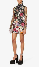 LONG SLEEVE MESH FLOWER MINI DRESS IN BLACK Dresses sis label