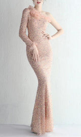 ONE-SHOULDER PUFF SLEEVE SEQUIN STITCHED MAXI DRESS Dresses styleofcb