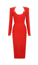 SQUARE SHOULDER CORSET MIDI DRESS IN RED styleofcb