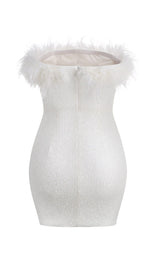 SEQUIN FEATHER STRAPLESS MINI DRESS IN WHITE styleofcb
