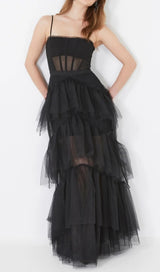 TIERED RUFFLE TULLE EVENING MAXI DRESS Dresses styleofcb