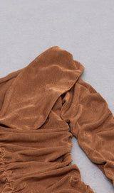 BROWN OFF-THE-SHOULDER PLEATED LONG-SLEEVED MIDI DRESS styleofcb