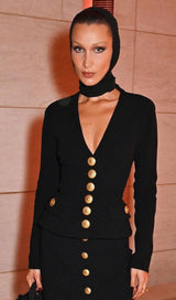 V-NECK METAL BUTTON DECORATIVE SLIM FIT SKIRT IN BLACK styleofcb