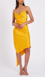 ORANGE SATIN DRAPING MIDI DRESS Dresses styleofcb