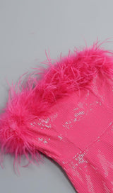 SEQUIN FEATHER STRAPLESS MINI DRESS IN PINK styleofcb