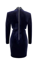 VELVET HOLLOWED OUT V-NECK DRESS IN DARK BLUE styleofcb